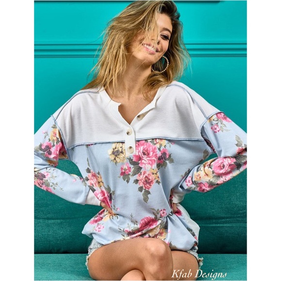 ❤️LAST ONE! Floral Contrast Print French Terry Super Soft Henley - Picture 6 of 13